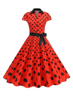 Summer Women's Dress Elegant Vintage 1950s Polka Dot Print Turn-Down Collar Party Robe Sundress with Belt