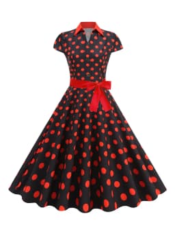 Summer Women's Dress Elegant Vintage 1950s Polka Dot Print Turn-Down Collar Party Robe Sundress with Belt