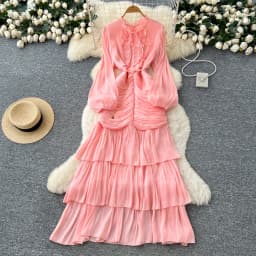 Vintage Elegant Spliced lace-up ruffle slim Dress Korean Fashion Long dress hotsweet Women Fashion Dresses
