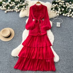 Vintage Elegant Spliced lace-up ruffle slim Dress Korean Fashion Long dress hotsweet Women Fashion Dresses