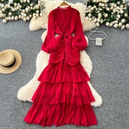 Vintage Elegant Spliced lace-up ruffle slim Dress Korean Fashion Long dress hotsweet Women Fashion Dresses