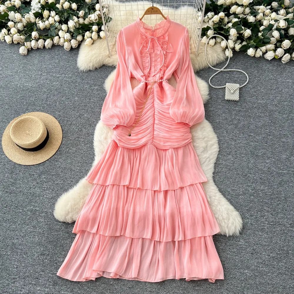 Vintage Elegant Spliced lace-up ruffle slim Dress Korean Fashion Long dress hotsweet Women Fashion Dresses