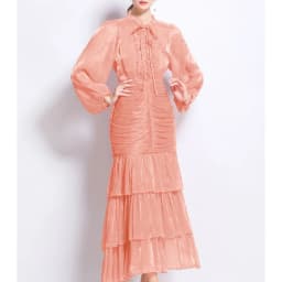 Vintage Elegant Spliced lace-up ruffle slim Dress Korean Fashion Long dress hotsweet Women Fashion Dresses