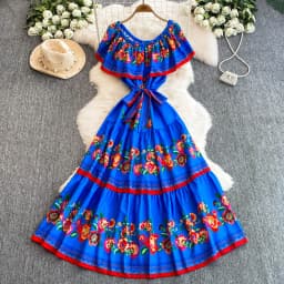 French Court Floral One Shoulder Summer Dress with Waist Tie for Slimming and Graceful Look