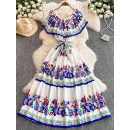 French Court Floral One Shoulder Summer Dress with Waist Tie for Slimming and Graceful Look