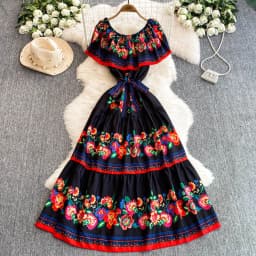 French Court Floral One Shoulder Summer Dress with Waist Tie for Slimming and Graceful Look