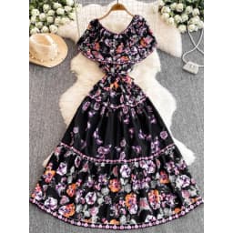 French Court Floral One Shoulder Summer Dress with Waist Tie for Slimming and Graceful Look