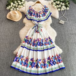 French Court Floral One Shoulder Summer Dress with Waist Tie for Slimming and Graceful Look