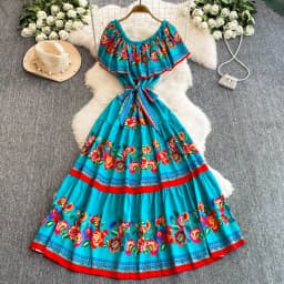 French Court Floral One Shoulder Summer Dress with Waist Tie for Slimming and Graceful Look