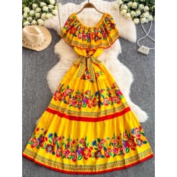 French Court Floral One Shoulder Summer Dress with Waist Tie for Slimming and Graceful Look