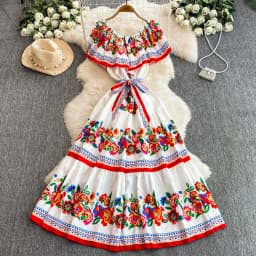 French Court Floral One Shoulder Summer Dress with Waist Tie for Slimming and Graceful Look