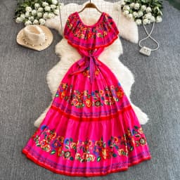 French Court Floral One Shoulder Summer Dress with Waist Tie for Slimming and Graceful Look