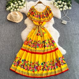 French Court Floral One Shoulder Summer Dress with Waist Tie for Slimming and Graceful Look