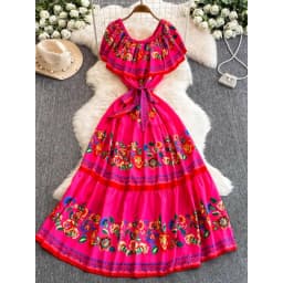 French Court Floral One Shoulder Summer Dress with Waist Tie for Slimming and Graceful Look