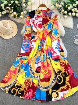 SINGREINY Ladies Vintage Art Print Dresses French Style Court Luxury V Neck Long Sleeves Autumn Fashion Lace Up Oversize Dresses