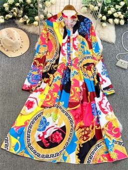 SINGREINY Ladies Vintage Art Print Dresses French Style Court Luxury V Neck Long Sleeves Autumn Fashion Lace Up Oversize Dresses