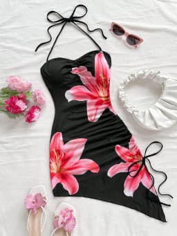 Women's Beach Vacation Graphic Floral Print Dress Asymmetric Hem Halter Neck Bow Bodycon Boho Short Dresses Streetwear 2025