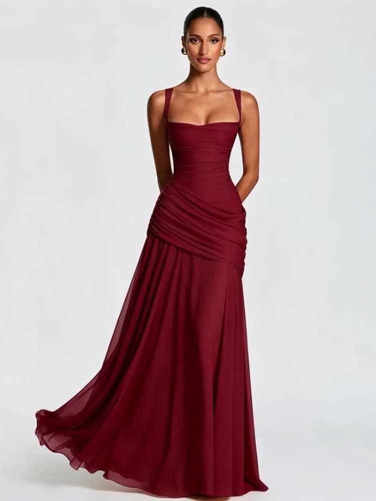 Sexy Solid Pleated Sling Dress Women Elegant Square Neck Sleeveless Waist-cinching Maxi Dresses 2026 New Summer Lady Party Robe