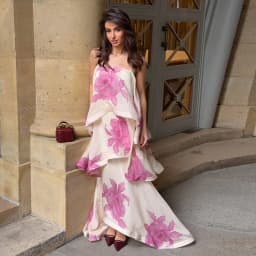 Women Printed V Neck Long Dress Flared Sleeve Lotus Leaf Edge High Waist Slim Fit Maxi Dresses Lady Elegant Evening Party Dress