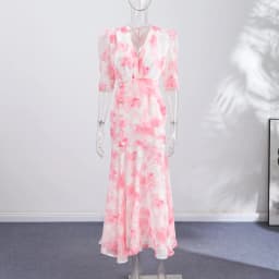 Women Printed V Neck Long Dress Flared Sleeve Lotus Leaf Edge High Waist Slim Fit Maxi Dresses Lady Elegant Evening Party Dress