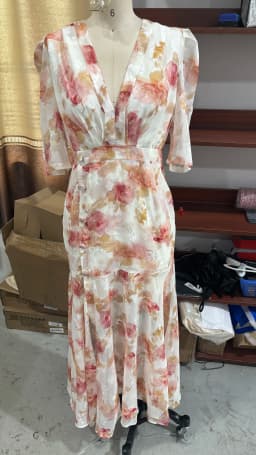 Women Printed V Neck Long Dress Flared Sleeve Lotus Leaf Edge High Waist Slim Fit Maxi Dresses Lady Elegant Evening Party Dress