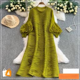 ANLAN Luxury Beading Hollow Out Tassels Pleated Miyake Dresses Women 3D Flower Splice Lantern Sleeve Loose Party Dress 2025 N