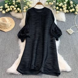 ANLAN Luxury Beading Hollow Out Tassels Pleated Miyake Dresses Women 3D Flower Splice Lantern Sleeve Loose Party Dress 2025 N
