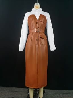 2025 Womens Dresses Shirt PU Skirt New Autumn Buttons Long Sleeve Patchwork Pocket Skinny Belted Lapel Female Midi Dress