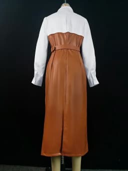 2025 Womens Dresses Shirt PU Skirt New Autumn Buttons Long Sleeve Patchwork Pocket Skinny Belted Lapel Female Midi Dress