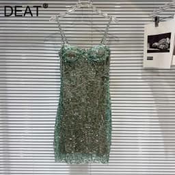 DEAT Heavy Industry Diamond Chain Pearl Suspender Dresses Women For Women 2024 Summer New Party Strap Dress Female 29L7707