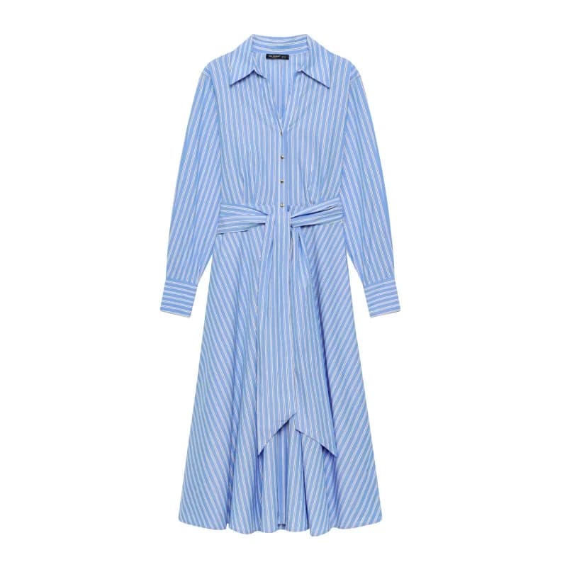 Striped Shirt Dress Women's Long Waist-Cinching Belted Asymmetrical Hem Commute Style High Waist Regular Sleeve Other Material