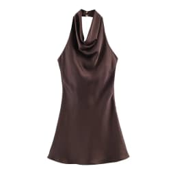Silk Satin Texture Summer New Arrival Women's Dr Hanging Ne Collar Gown Soft A-Line Skirt High Waist Pure Color