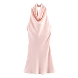 Silk Satin Texture Summer New Arrival Women's Dr Hanging Ne Collar Gown Soft A-Line Skirt High Waist Pure Color