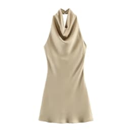 Silk Satin Texture Summer New Arrival Women's Dr Hanging Ne Collar Gown Soft A-Line Skirt High Waist Pure Color
