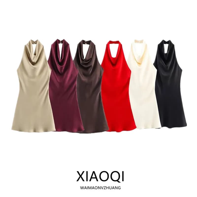 Silk Satin Texture Summer New Arrival Women's Dr Hanging Ne Collar Gown Soft A-Line Skirt High Waist Pure Color