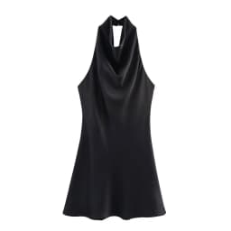 Silk Satin Texture Summer New Arrival Women's Dr Hanging Ne Collar Gown Soft A-Line Skirt High Waist Pure Color