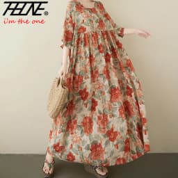 Plus Size Bohemian Print Maxi Long Dress for Women Floral Casual Cotton Linen Loose Vintage Vestidos Para Mujer Robe Dresses