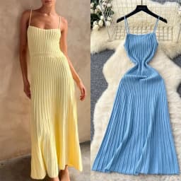 Knitted Pleated Long Dress High Waist Midi Sling Dress Elegant Sleeveless Yellow Dress Women Streetwear Black Bodycon Dress