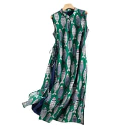 Fish Plaid Print Vintage Cotton Linen O-Neck Sleeveless A-Line Loose Women's Dress Korean Fashion Mid-Calf Dresses For Women