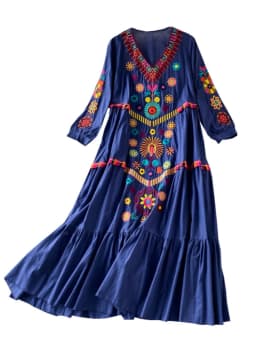 Vintage Chic Women Floral Embroidery Beach Bohemian Mini Dress Ladies Short Sleeve V-neck Cotton and Linen Boho Dresses Vestido