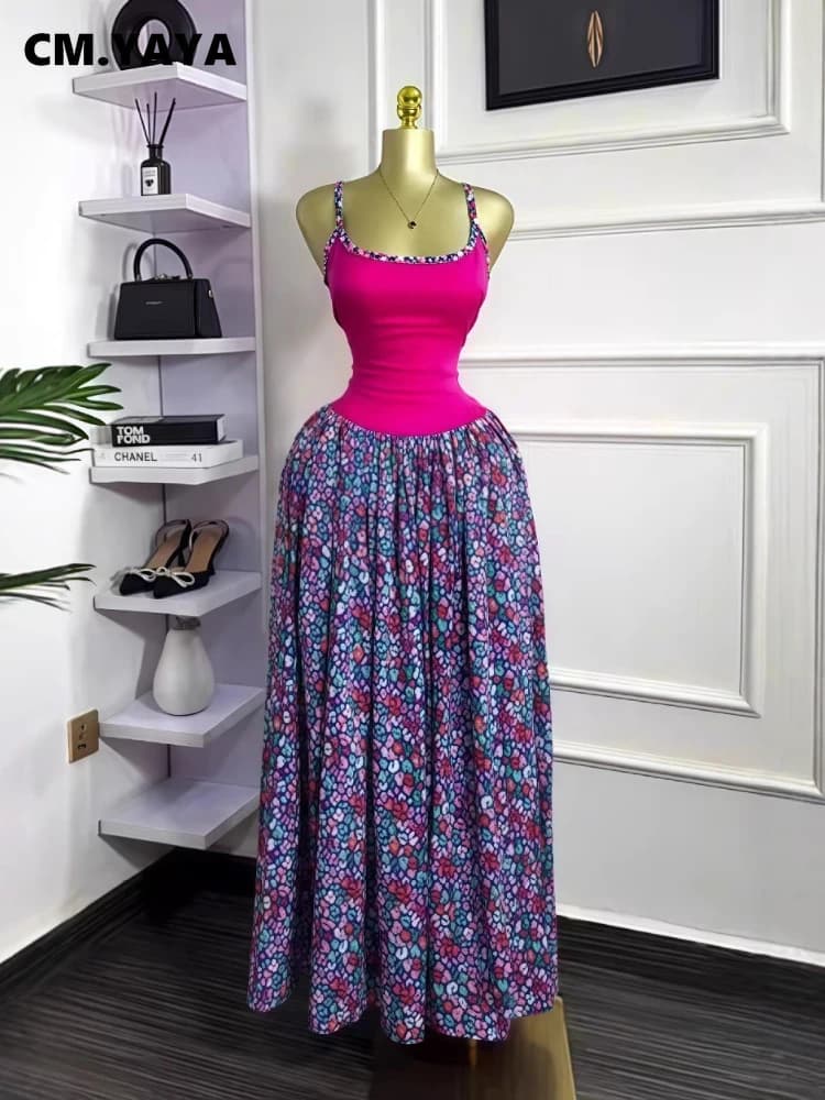 CM.YAYA Women Floral Printed Patchwork Strap Tank Maxi Long Dress 2025 Summer Beach Birthday Sexy Club Party Evening Dresses