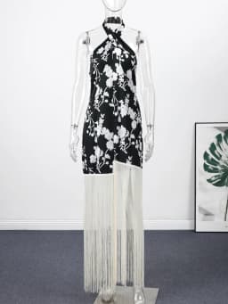 Vintage Print Tassel Asymmetrical Long Dress Women Halter Sleeveless Backless Female Party Dresses Spring Summer Lady Chic Robe