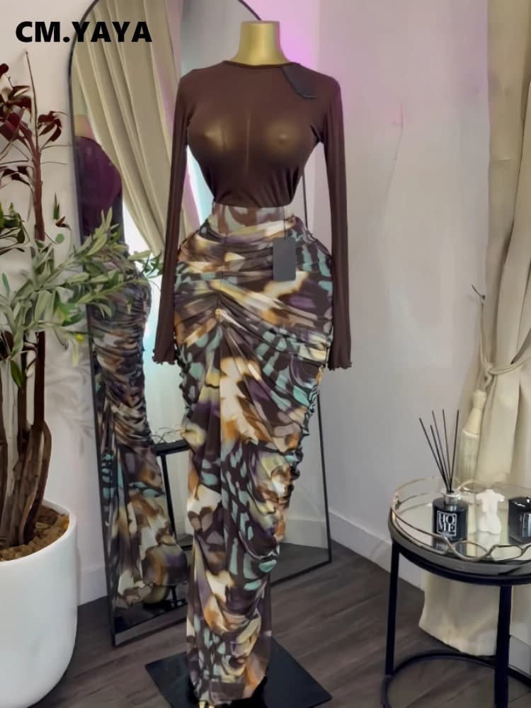 CM.YAYA Women Tie Dye Print Mesh Patchwork Ruched Bodycon Maxi Long Dress 2026 Spring Evening Education Vacation Prom Dresses
