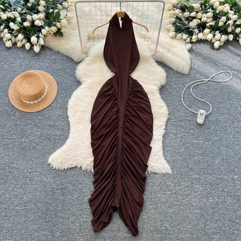 Retro Elegant sleeveless halter pleated slim A-line Casual High Waist Women Autumn ceremony dresses