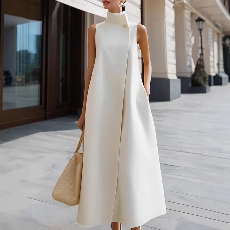 Simple Fashion Single Button High Neck Maxi Dress Women Spring Solid Pocket A-Line Long Dress Summer Sleeveless Bohemian Dresses