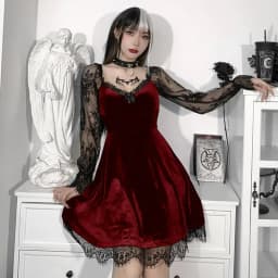 Gothic Lolita Girl Lace Trim Velvet A-Line Dress Women Sexy Perspective Long Sleeve V Neck Slim Mini Dress Cosplay Party Costume