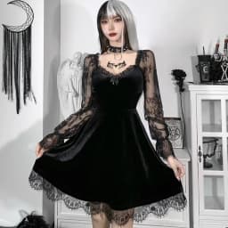 Gothic Lolita Girl Lace Trim Velvet A-Line Dress Women Sexy Perspective Long Sleeve V Neck Slim Mini Dress Cosplay Party Costume