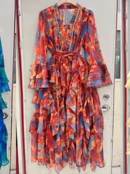 Spring/summer 2025 new V-neck long-sleeved dress with sling print elegant lace waist wooden ear layer upon layer ruffled long sk