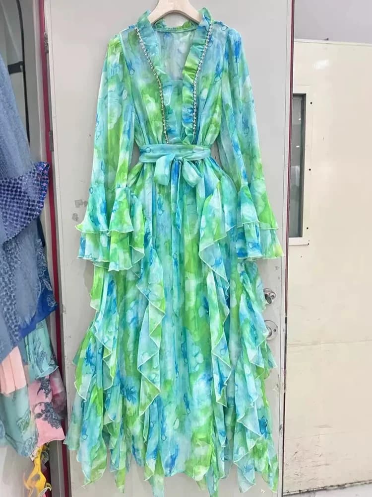 Spring/summer 2025 new V-neck long-sleeved dress with sling print elegant lace waist wooden ear layer upon layer ruffled long sk