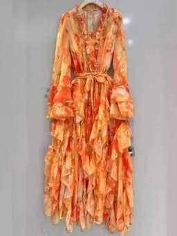 Spring/summer 2025 new V-neck long-sleeved dress with sling print elegant lace waist wooden ear layer upon layer ruffled long sk